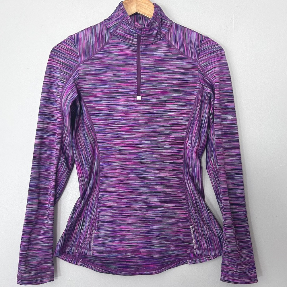 prAna 1/4 Zip Pullover Womens S Purple Space Dye Thumbhole Running Hiking Top - Picture 2 of 9